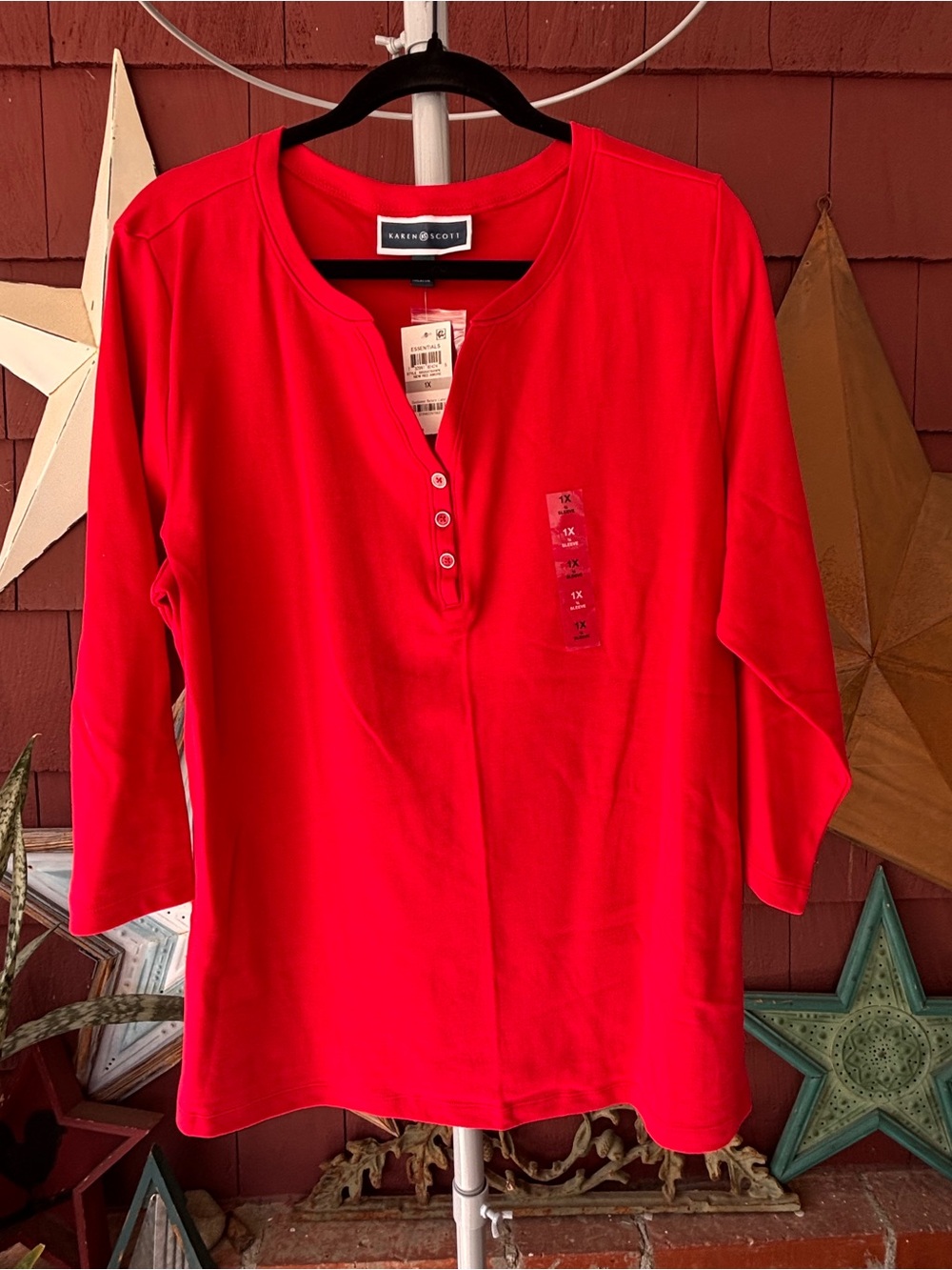 NWT Y2K Karen Scott Red 3/4 Sleeve & 1/4 Button Front Top Women’s Plus Size 1X